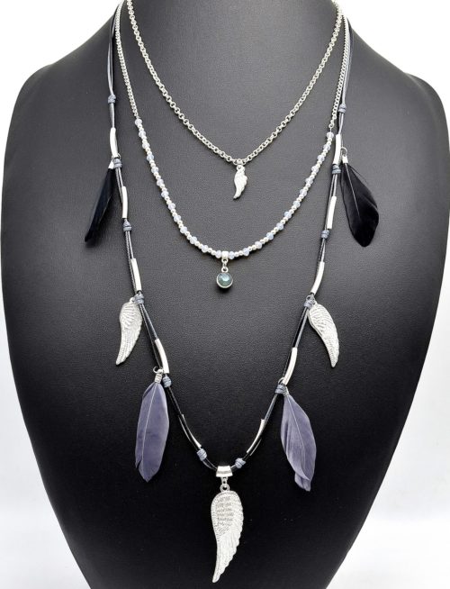 Sautoir-Collier-Multi-Chaines-Metal-Argente-et-Plumes-Ethnique-NoirGris