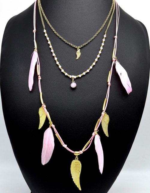 Sautoir-Collier-Multi-Chaines-Metal-Dore-et-Plumes-Ethnique-Roses