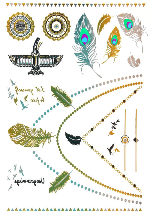 Planche-Tattoo-Tatouage-Ephemere-Body-Art-Colliers-Plumes-Multicolore