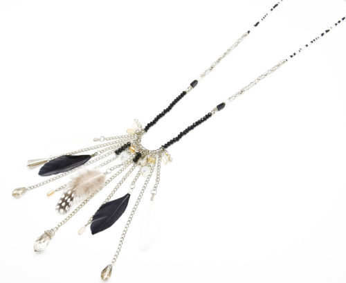 Sautoir-Collier-Perles-Pierres-avec-Cascade-de-Chaines-Metal-et-Plumes-Noires