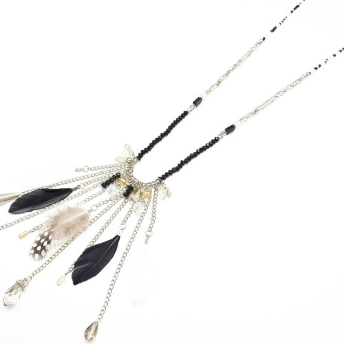 Sautoir-Collier-Perles-Pierres-avec-Cascade-de-Chaines-Metal-et-Plumes-Noires