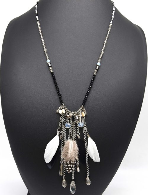 Sautoir-Collier-Perles-Pierres-avec-Cascade-de-Chaines-Metal-et-Plumes-Noires