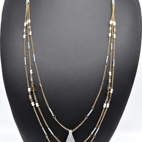Sautoir-Collier-Multi-Rangs-Chaines-Metal-Perles-et-Pompon-Gris