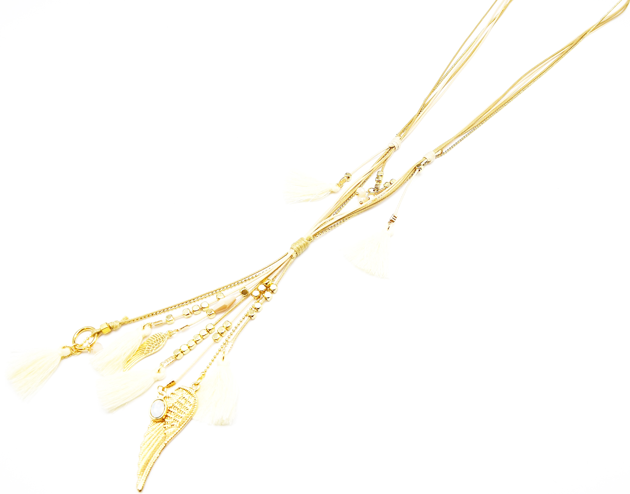 Sautoir-Collier-Multi-Chaines-et-Cordons-Noues-avec-Ailes-dAnge-et-Pompons-Ecru