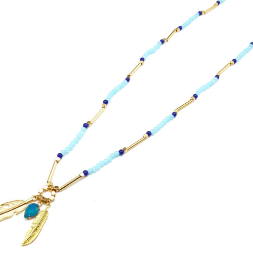 Sautoir-Collier-Perles-Tubes-et-Charms-Plumes-Metal-BleuDore