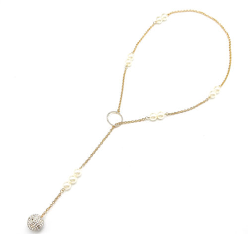 Sautoir-Collier-Chaine-Metal-Perles-Ecru-et-Pendentif-Boule-Strass-Dore