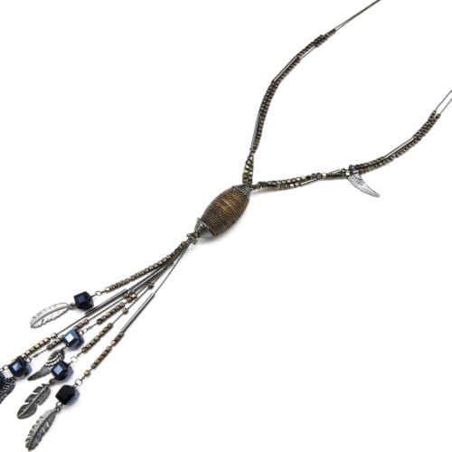 Sautoir-Collier-Double-Chaines-Pendentif-Ovale-Perles-et-Plumes-Metal-Gris