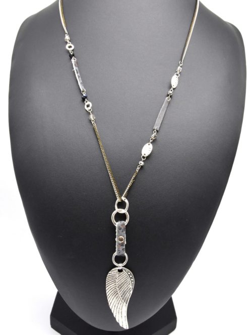 Sautoir-Collier-Double-Chaines-avec-Ruban-Leopard-Gris-et-Aile-Metal-Argente