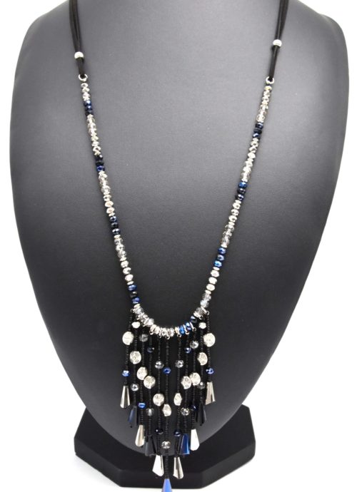 Sautoir-Collier-Cordon-Perles-Brillantes-avec-Cascade-de-Perles-Argente-Bleu-Nuit