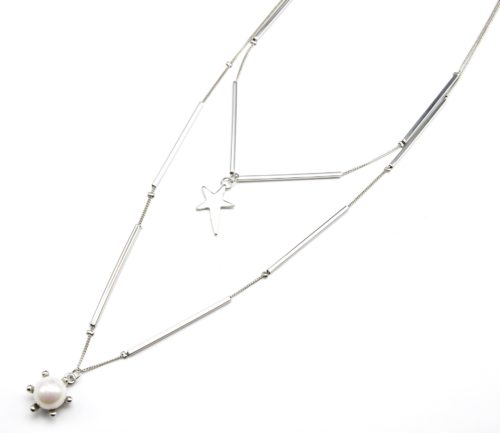 Sautoir-Collier-Double-Chaines-Tubes-Metal-avec-Etoile-et-Perle-Couronne-Argente