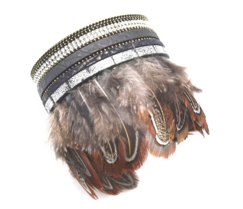 Bracelet-Manchette-Multi-Rangs-Simili-Cuir-Strass-et-Plumes-de-Paon-Ethnique-Noir