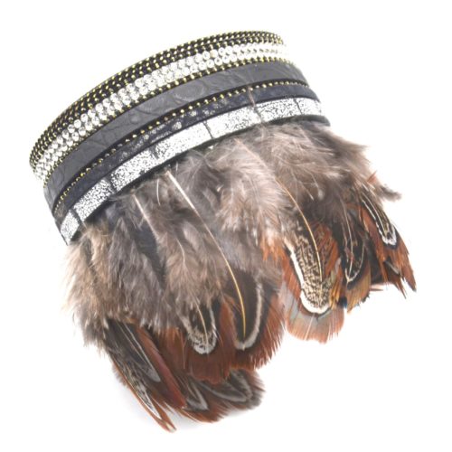 Bracelet-Manchette-Multi-Rangs-Simili-Cuir-Strass-et-Plumes-de-Paon-Ethnique-Noir