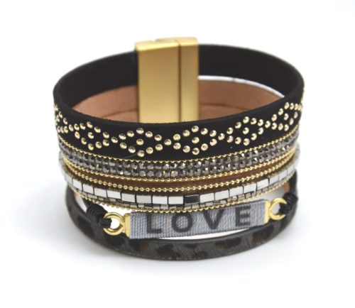 Bracelet-Manchette-Multi-Rangs-Clous-Leopard-Perles-et-Love-Noir