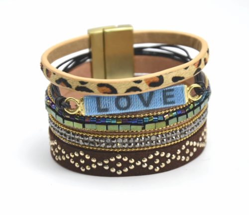 Bracelet-Manchette-Multi-Rangs-Clous-Leopard-Perles-et-Love-Multicolore