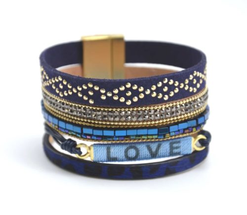 Bracelet-Manchette-Multi-Rangs-Clous-Leopard-Perles-et-Love-Bleu