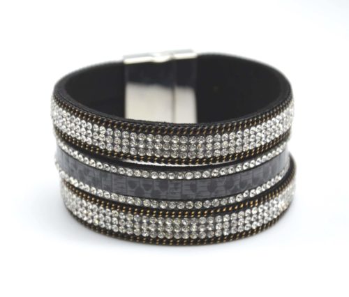 Bracelet-Manchette-Multi-Rangs-Ecailles-Gris-et-Bandes-Strass