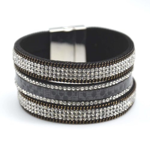 Bracelet-Manchette-Multi-Rangs-Ecailles-Gris-et-Bandes-Strass