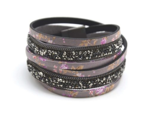 Bracelet-Double-Tour-Simili-Cuir-Imprime-Fleuri-Gris-et-Clous-Brillants