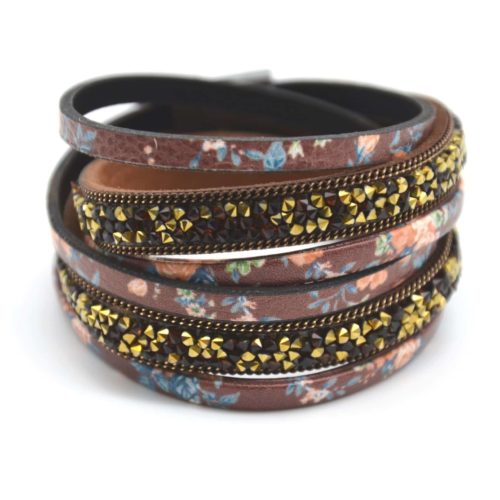 Bracelet-Double-Tour-Simili-Cuir-Imprime-Fleuri-Marron-et-Clous-Brillants