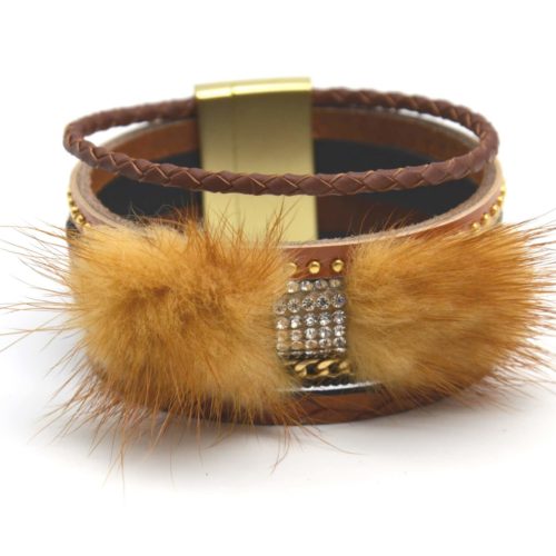 Bracelet-Manchette-Simili-Cuir-Tresse-Clous-Strass-et-Noeud-Imitation-Fourrure-Beige