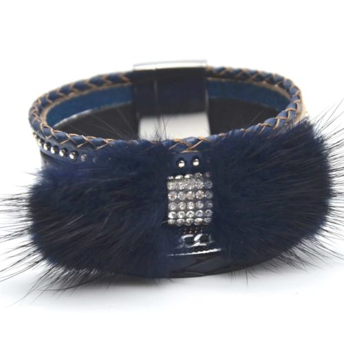 Bracelet-Manchette-Simili-Cuir-Tresse-Clous-Strass-et-Noeud-Imitation-Fourrure-Bleu-Marine
