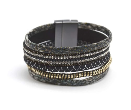 Bracelet-Manchette-Multi-Rangs-Ecailles-Noir-avec-Strass-et-Fil-Torsade