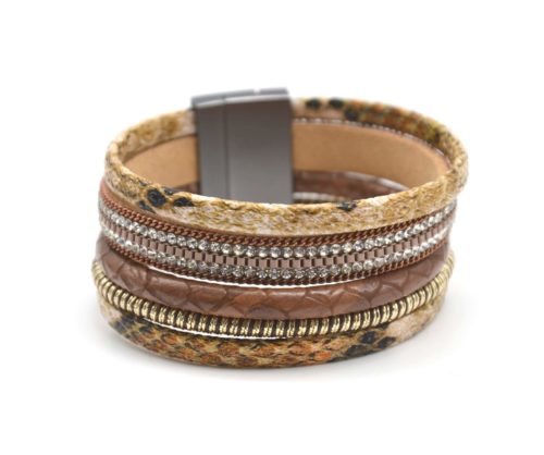 Bracelet-Manchette-Multi-Rangs-Ecailles-Beige-avec-Strass-et-Fil-Torsade