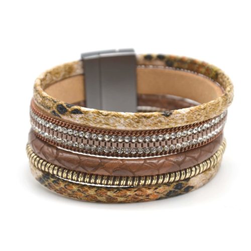 Bracelet-Manchette-Multi-Rangs-Ecailles-Beige-avec-Strass-et-Fil-Torsade