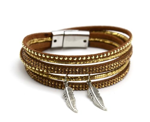 Bracelet-Double-Tour-Ecailles-Brillantes-Feutrine-Marron-Strass-Clous-et-Plumes-Metal