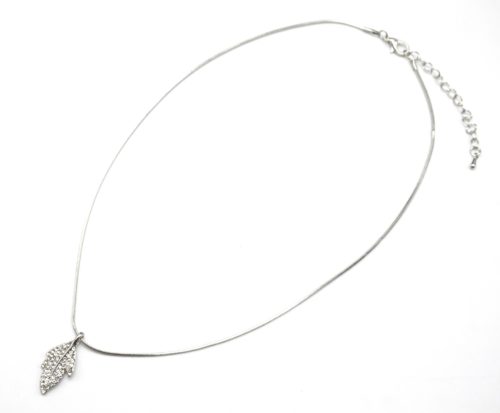 Collier-Pendentif-Feuille-Metal-Strass-Argente