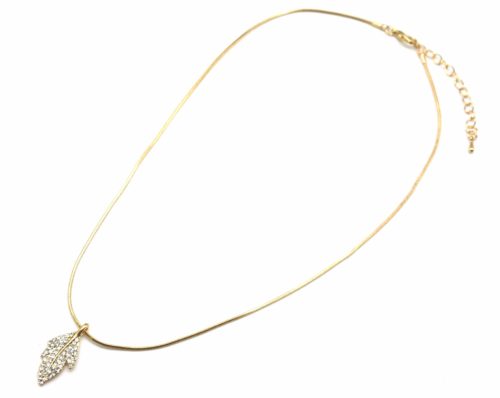 Collier-Pendentif-Feuille-Metal-Strass-Dore