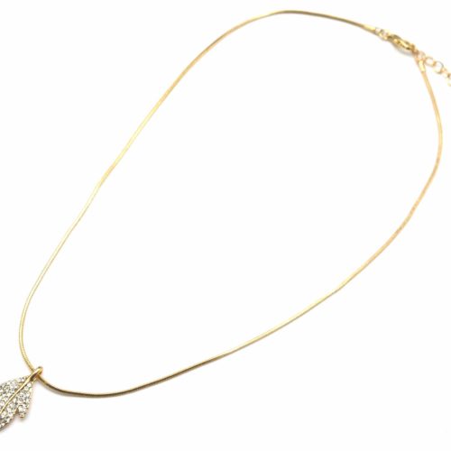 Collier-Pendentif-Feuille-Metal-Strass-Dore