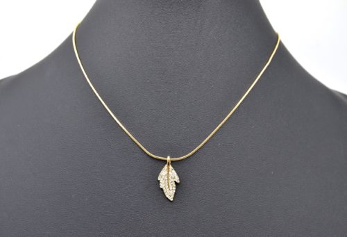 Collier-Pendentif-Feuille-Metal-Strass-Dore