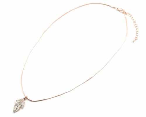 Collier-Pendentif-Feuille-Metal-Strass-Or-Rose