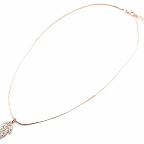 Collier-Pendentif-Feuille-Metal-Strass-Or-Rose