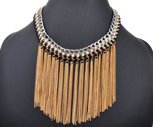 Collier-Plastron-Maillons-Tresses-Feutrine-Noir-Gris-Strass-et-Multi-Chaines-Pendantes