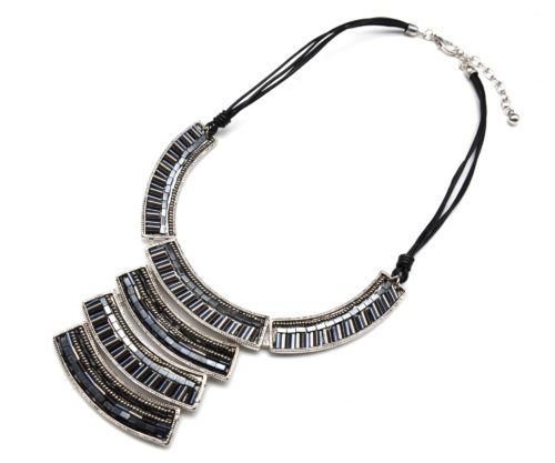 CC1116F - Collier Plastron Multi-Rangs Métal Argenté et Perles Bleu Nuit/Gris