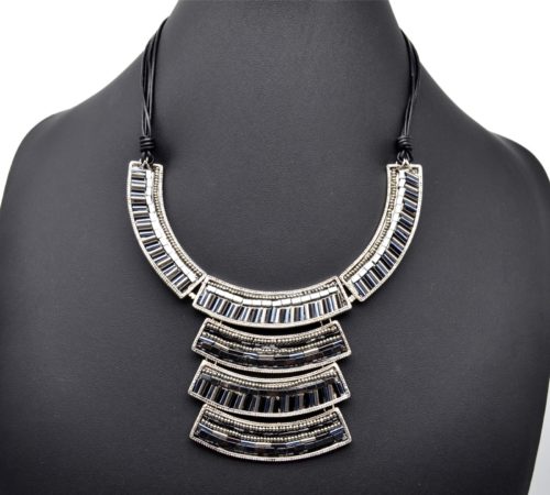 Collier-Plastron-Ethnique-Pendentif-Multi-Rangs-Metal-Perles-Bleu-Nuit-Gris
