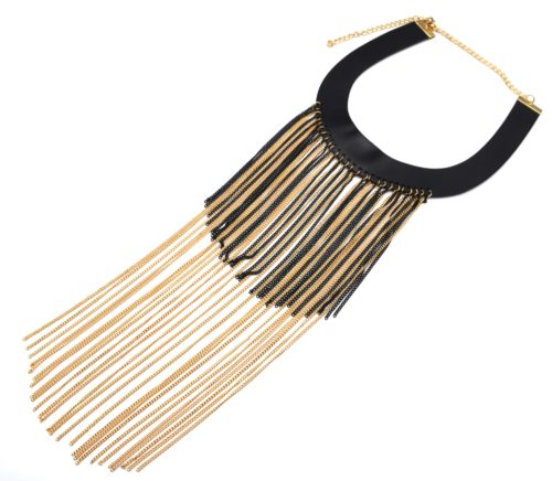 CC1121CH - Collier Tour de Cou Simili Cuir avec Cascade Chaînes Métal Noir/Doré