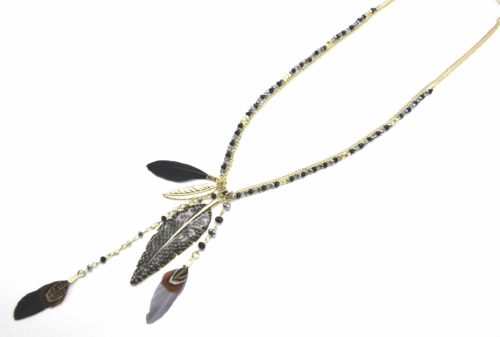 Sautoir-Collier-Double-Chaines-Perles-Brillantes-avec-Plumes-Ethnique-Noir