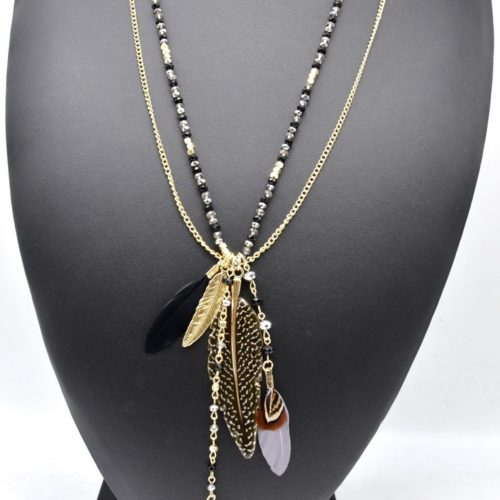 Sautoir-Collier-Double-Chaines-Perles-Brillantes-avec-Plumes-Ethnique-Noir