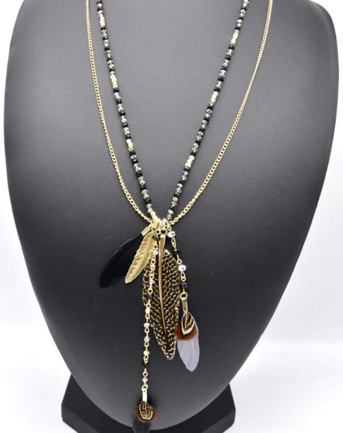 Sautoir-Collier-Double-Chaines-Perles-Brillantes-avec-Plumes-Ethnique-Noir