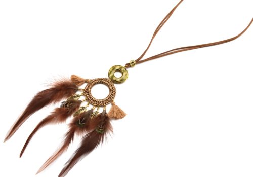 Sautoir-Collier-Pendentif-Cercle-Fils-Tresses-avec-Plumes-et-Pompons-Beige-Marron