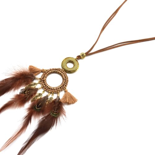 Sautoir-Collier-Pendentif-Cercle-Fils-Tresses-avec-Plumes-et-Pompons-Beige-Marron