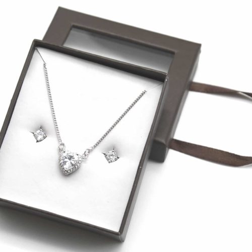 Coffret-Parure-Boucles-et-Collier-Pendentif-Coeur-Pierre-Argente-Contour-Strass-Zirconium