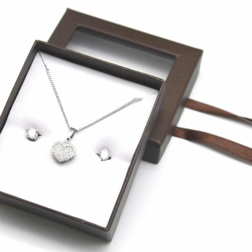 Coffret-Parure-Boucles-et-Collier-Pendentif-Coeur-Strass-Zirconium-Argente