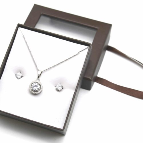 Coffret-Parure-Boucles-et-Collier-Pendentif-Rond-Pierre-Contour-Strass-Zirconium-Argente