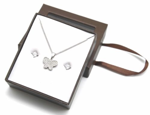 Coffret-Parure-Boucles-et-Collier-Pendentif-Papillon-Strass-Zirconium-Argente