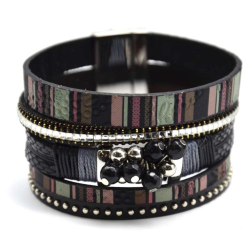 Bracelet-Manchette-Multi-Rangs-Simili-Cuir-Motif-Peruvien-Ecailles-Pierres-avec-Perles-Noires