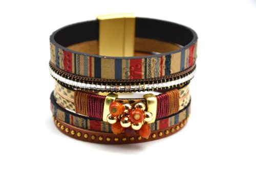 Bracelet-Manchette-Aimante-Multi-Rangs-Simili-Cuir-Motif-Peruvien-Ecailles-Pierres-avec-Grappe-de-Perles-Beige